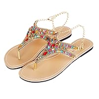 Summer Women Beach Sandals Lady String Bead Shoes T-Strap Flops Diamond Slipper Plus Size Gold 12