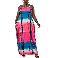 Womens Plus Size Dresses Summer Spaghetti Strap Tie Dye Slant Pocket Cami Dress