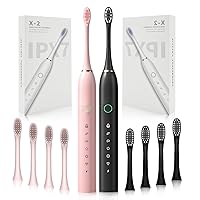 2 Pack Rechargeable Electric Toothbrushes for Adults and Kids, Sonic Whitening Tooth Brush with 8 Brush Heads, 6 Cleaning Modes and Smart Timer, Waterproof Cleaning Toothbrushes Set (pink&black)