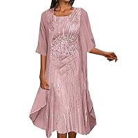Flowy Summer Dress,Women's and Leisure Elegant Printed Chiffon Dress Two Piece Set Monogram Dresses for Women
