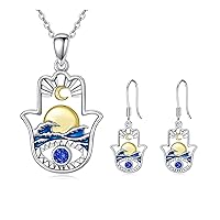 Hamsa Evil Eye Jewelry Sterling Silver Sun and Moon Jewelry Blue Ocean Wave Pendant Gifts For Women Girls Men Boys