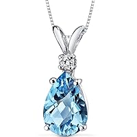 PEORA 14K White Gold Swiss Blue Topaz with Diamond Pendant for Women, Natural Gemstone Birthstone Teardrop Solitaire, 2.30 Carats total Pear Shape 10x7mm