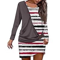 Dresses for Women Print Fashion Loose Crewneck Fake Two-Piece Stacked Patchwork Streetwear Long Sleeve Dress