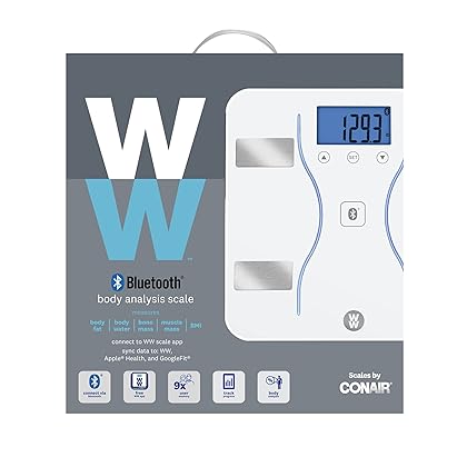 Weight Watchers Scales by Conair Bathroom Scale for Body Weight, Glass Digital Scale, Body Analysis Measures Body Fat, Body Water, BMI, Bone Mass & Muscle, Measures Weight up to 400 Lbs White