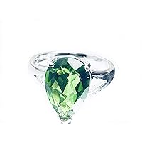 R61015G Fancy Green Helenite Pear Sterling Silver Modern Ring