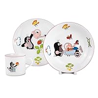 Porcelain Kids Plates and Mug Set Kid's Porcelain Dinnerware Set of 3 Tableware Set for Kids Deep Plate Flat Plate and Kid's Mug (Mole)