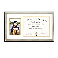 AUEAR, 11x19.5 Diploma Frame with 2 Openings for 8.5x11 Certificate and 5x7 Photo, White Over Gold Double Mat, Real Glass Wall Mount Picture Frame (Silver & Black)