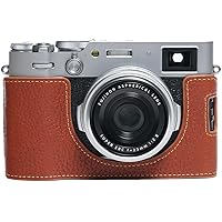 X100VI Camera Case, BMAOLLONGB Handmade Genuine Real Leather Half Camera Case Bag Cover for Fujifilm Fuji X100VI Camera Bottom Opening Version + Hand Strap (Brown)