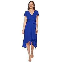 DKNY Women's Short Sleeve Asymmetrical Hem Faux Wrap Dress, Blueberry, 16