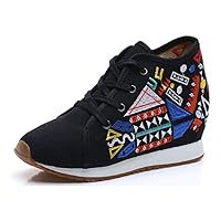 Women and Ladies Chinese Embroidery Wedge Platform Casual Travel Sneaker Black
