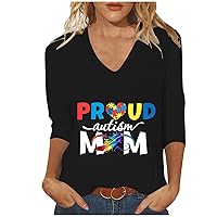 Proud Autism Mom Shirts Women Autism Mom Gifts Pullover Tops 3/4 Sleeve V Neck Autism Awareness Positive T-Shirts