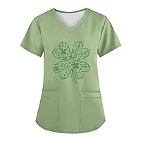 Womens Summer Tops,Women's Fashion V-Neck Short Sleeve Workwear with Pockets Printed Tops Spring Tops