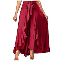 Womens Maxi Skorts Lace Up Ruffle Trim Skort-Trendy 2 in 1 Flowy Pants Skirts High Waist Long Culottes Skirt for Women