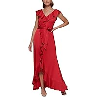 DKNY Womens Ruffled Zippered Tie Belt Cutaway Hem Flutter Sleeve V Neck Full-Length Formal Fit + Flare Dress