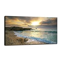 Canvas Wall Art Sunset Beach Blue Waves Ocean Art Large Modern Artwork Canvas Prints Contemporary Pictures Framed Ready to Hang for Home Decoration