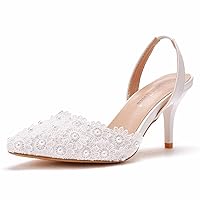 Women's White Pearl Wedding Shoes for Bride High Heels Lace Pointed Toe Bridal Shoes Prom Party Slingback Dress Pumps Sandals 7Cm