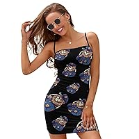 Police Lion Smoking Women's Mini Dress Sexy Bodycon Dress Spaghetti Strap Short Backless Club Dress