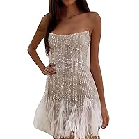 Women's Sparkly Sequin Dress Sleeveless Tube Feather Patchwork Tassels Bodycon Dresses Party Cocktail Clubwear