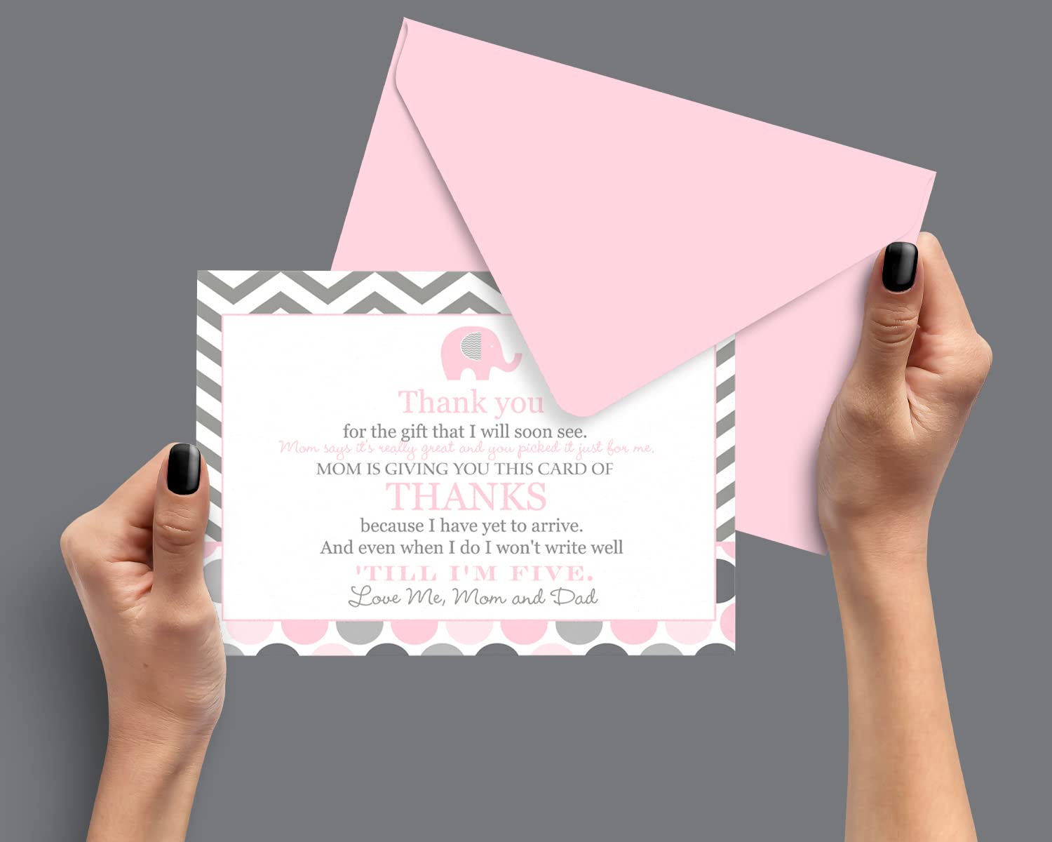Pink Elephant Baby Shower Thank You Cards (15 Pack) Prefilled Note from Girl – Individual Notecards with Envelopes – Say Thanks for Babies Registry Gifts – Princess Theme Jungle – 4x6 Blank Set