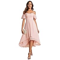 Ever-Pretty Women's Spring Off Shoulder Ruffle Sleeves Ruched High Low Chiffon Wedding Guest Dress 02103