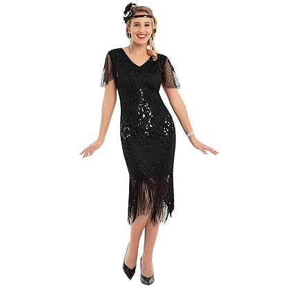 PrettyGuide Women's 1920s Dress Sequin Art Deco Flapper Dress with Sleeve