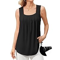 V FOR CITY Women's Flowy Tank Tops with Built in Bras Pleated Tunic Blouses Casual Sleeveless Tops Curved Hem