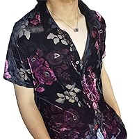 Transparent Floral Shirt Masculine Velvet Slim-Fit Shirt Mens Short-Sleeved See-Through Nightclub Purple Shirt