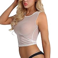 Mesh Crop Tops for Women Sexy See Through Sleeveless Sheer Shirts Casual Stretch Lightweight Workout Tank Tops Clubwear