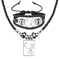 Buddhism Religion Lotus Line Drawing Leather Necklace Bracelet Jewelry Set