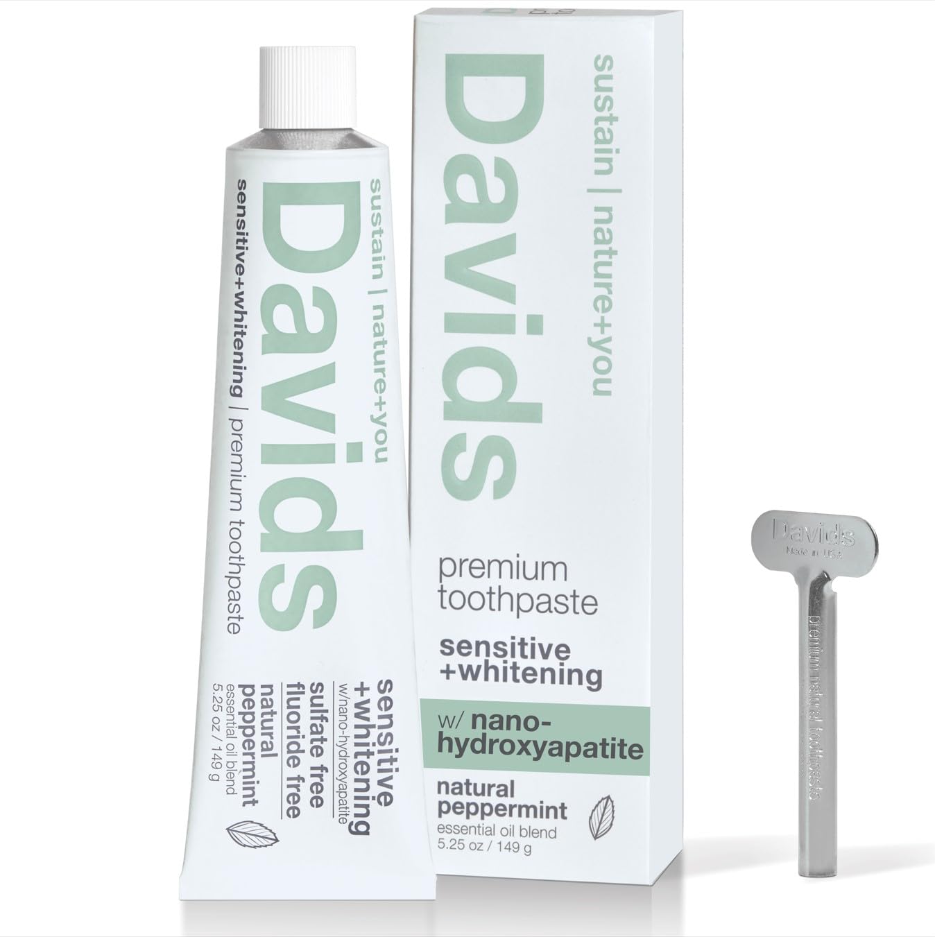 Davids Nano Hydroxyapatite Natural Toothpaste for Sensitivity, Peppermint, Fluoride Free, SLS Free, Remineralize Enamel, Gentle Whitening, Toothpaste Squeezer Included, Recyclable Metal Tube, 5.25oz