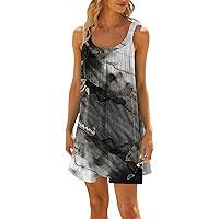 Ladies Dresses Casual Beach Dress for Women 2024 Summer Print Fashion Sparkly Loose Fit with Sleeveless Round Neck Ruched Dresses Black Large