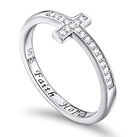 Flyow 925 Sterling Silver Jewellery Sideways Cross White Ring Engraving Faith Hope Love