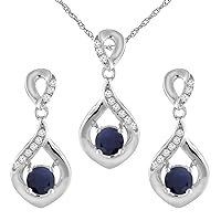Sabrina Silver 14K White Gold Diamond Halo Natural Quality Blue Sapphire Earrings & Pendant Set Round 4 mm