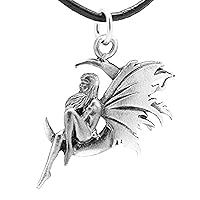 Pewter Fairy Celestial Crescent Moon Pendant on Black Necklace Cord with Clasp