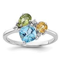 925 Sterling Silver Rhodium Lite Swiss Blue and White Topaz Peridot Citrine Ring Measures 1.74mm Wide Jewelry Gifts for Women - Ring Size Options: 6 7 8