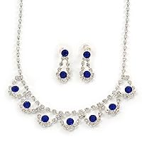 Bridal/Wedding/Prom Delicate Sapphire Blue/Clear Austrian Crystal Necklace And Drop Earrings Set In Silver Tone - 36cm L/ 6cm Ext