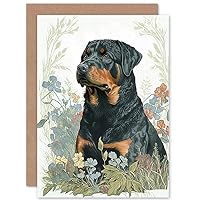 Rottweiler Dog Sitting in Flower Field Modern Watercolour Illustration Art Birthday Sealed Greeting Card Plus Envelope Blank inside
