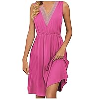 Womens High Waist Mini Sundress Fashion Guipure Lace V Neck Tank Dress Summer Casual Loose Fit A-Line Beach Dresses