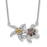 925 Sterling Silver Rhodium Smoky Quartz and Citrine Turtle Necklace Measures 22mm Wide Jewelry for Women - 48 Centimeters