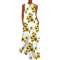 Women's Long Spring Dresses V Sleeveless Dress Women Neck Daily Vintage Maxi Plus Sunflower Women Dress Romper