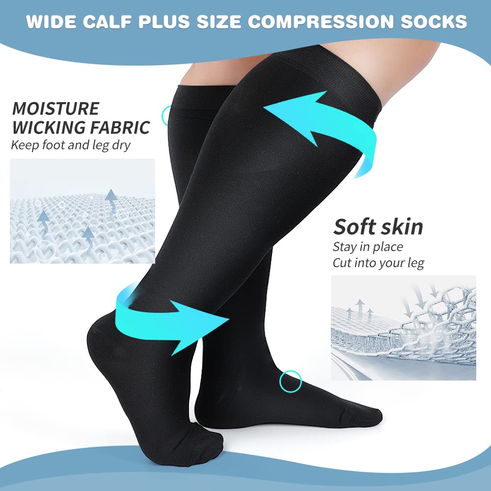 AKSO MEDICOS Plus Size Compression Socks 20-30 mmhg Extra Wide Wide Calf Knee High Stockings for Improve Circulation Varicose Veins Swelling Edema Small