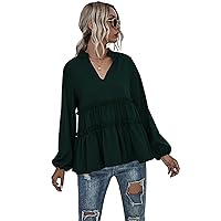 Women's V-Neck Pure Cotton Tunic Tops Casual Babydoll Shirts Long Sleeve Blouse Ruffle Tiered Flowy Button T Shirt