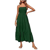 Women's Summer Casual Sleeveless Dress Smocked Tiered Swing A Line Boho Beach Spaghetti Strap Flowy Long Dresses