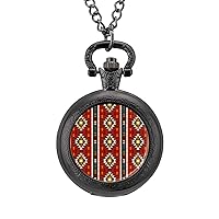 Tribal Colorful Geometric Pattern Pocket Watch with Chain Vintage Pocket Watches Pendant Necklace Birthday Xmas
