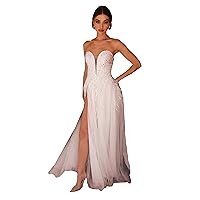 Elegant A-line Tulle Prom Dresses Sexy V Neck Sequin Applique Evening Dresses with High Split