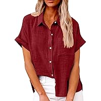 Women's Summer Dreesy Casual Blouse Short Sleeve Cotton Linen Shirt Collared Button Down Business Casual Shirt