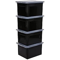 IRIS USA Letter/Legal File Tote Box, 4 Pack, BPA-Free Plastic Storage Bin Tote Organizer with Durable and Secure Latching Lid, Stackable and Nestable, Black/Clear