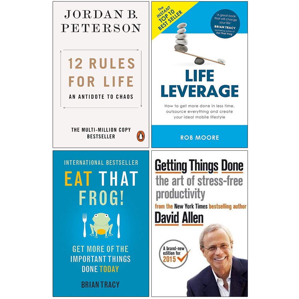 12 Rules for Life, Life Leverage, Eat That Frog, Getting Things Done 4 Books Collection Set