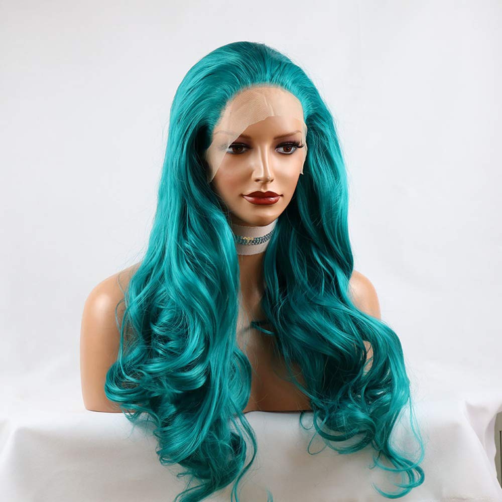 SimBeauty Dark Blue Color Long Natural Wave Front Lace Wigs Cosplay & Drag Queen Make up Heat Resistant Fiber Hair Synthetic Wigs for Women (Blue)