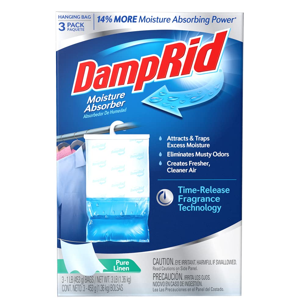 DampRidDampRid Refill Bag, 44 oz, 4-Pack & Pure Linen Hanging Moisture Absorber, 16 oz, 3 Pack - Eliminates Musty Odors for Fresher, Cleaner Air